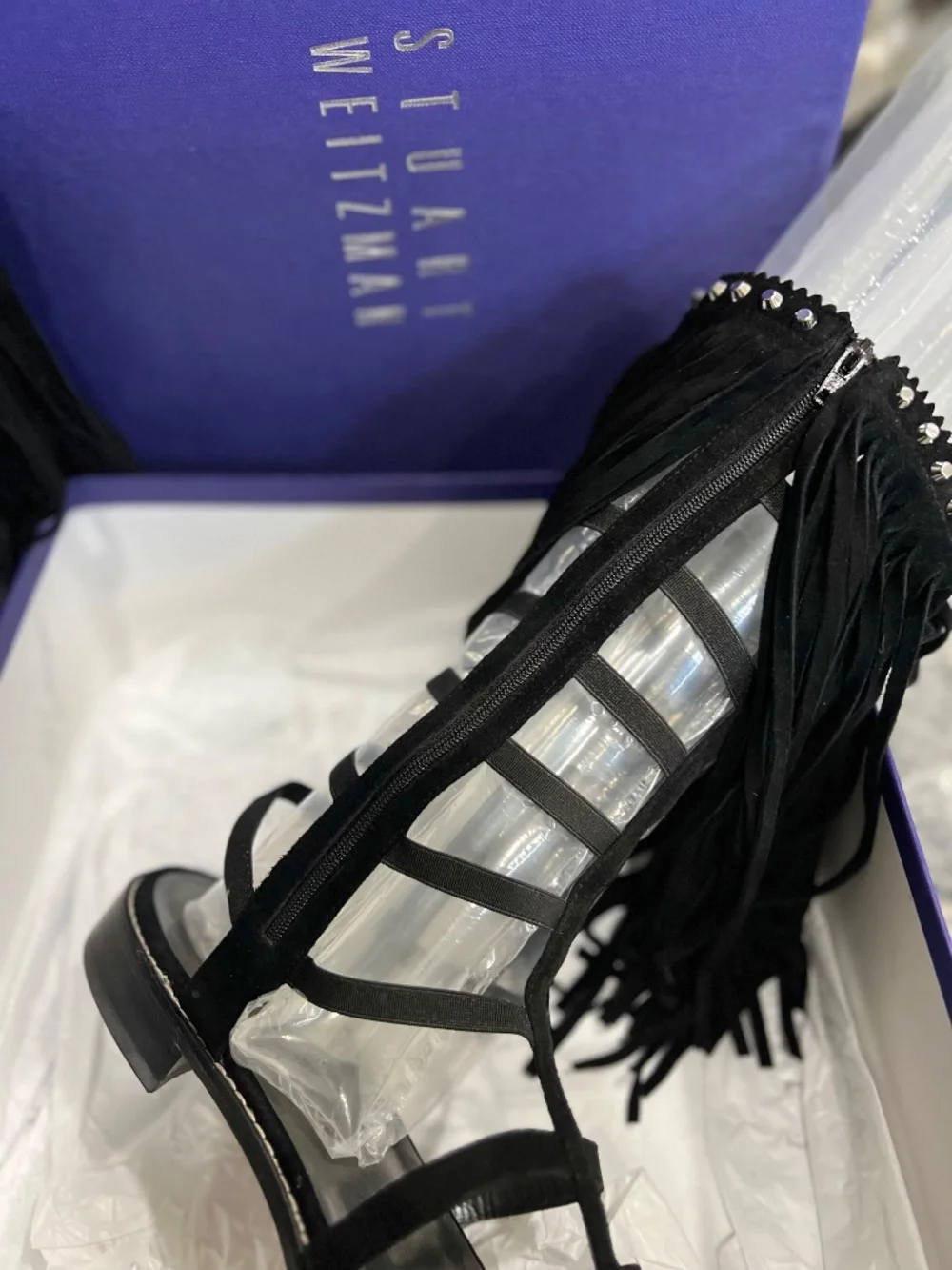 STUART WEITZMAN FRINGE BLASUE 11.5 MED BLACK SUEDE SANDAL